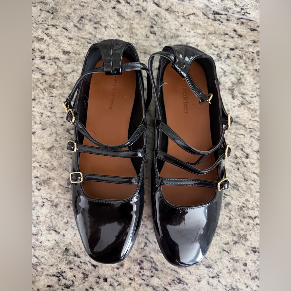 American Eagle Outfitters Black Patent Triple-Strap Mary Jane Flats